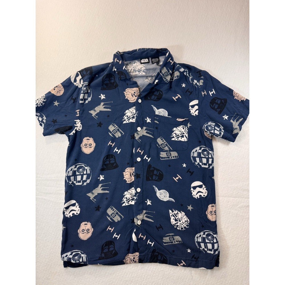 Star Wars Mens Button Up Shirt Small Blue 3-CPO Yoda R2-D2 AOP 100% Rayon Casual